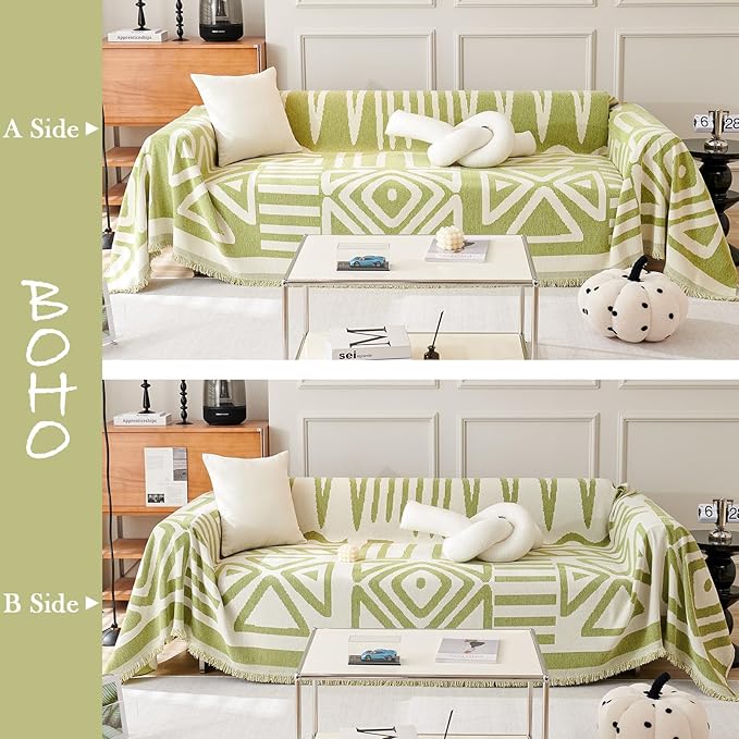 HANDONTIME Green Sofa Covers Chenille Couch Covers Universal Sofa Cover Boho Cover for Sofa 3 Seats Dogs Couch Furniture Protector Couch Cushion Covers Sectional Couch Covers for L Shaped, 91" X118"