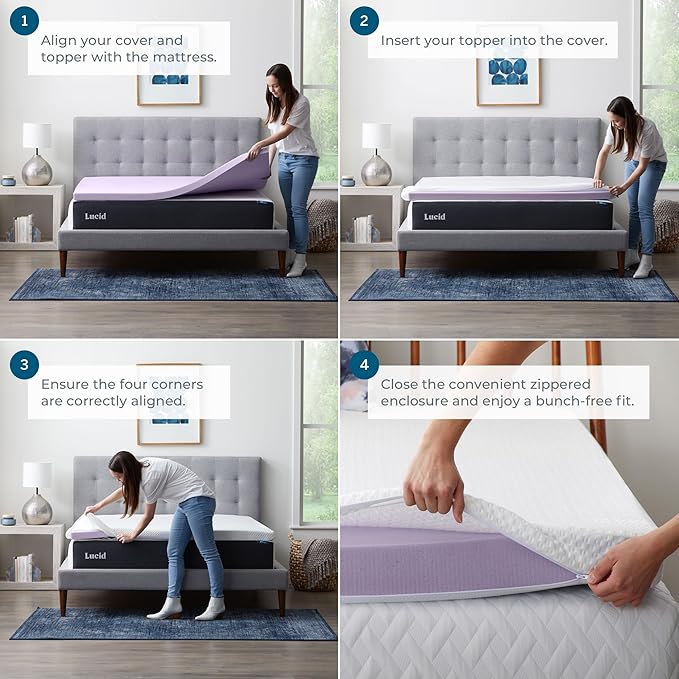 LUCID 3 Inch Lavender Infused Memory Foam Mattress Topper and LUCID Zippered Enclosure Mattress Topper Cover, California King
