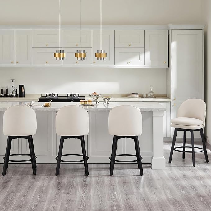 Counter Height Barstools 26 inch Upholstered Swivel Bar Stools with Back and Wood Legs for Kitchen Island,Set of 1,Beige Fabric-Armless