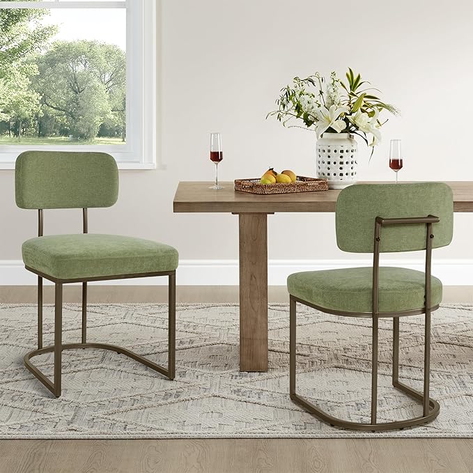 Dining Chairs Set of 6, Upholstered Modern Kitchen Chairs with Ergonomic Backrest, Fabric Cushion Seat & Metal Legs for Living Room, Restaurant, and Café, Green, 2Boxs