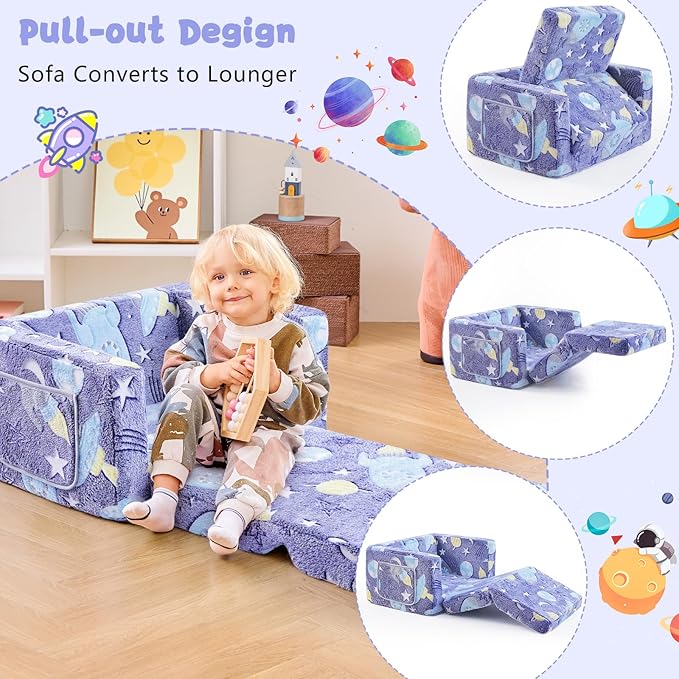 Toddler Chair Comfy,2-in-1 Soft Toddler Couch Fold Out for Kids,Convertible Sofa to Lounger,Gift for Girls and Boys Birthday,Universe