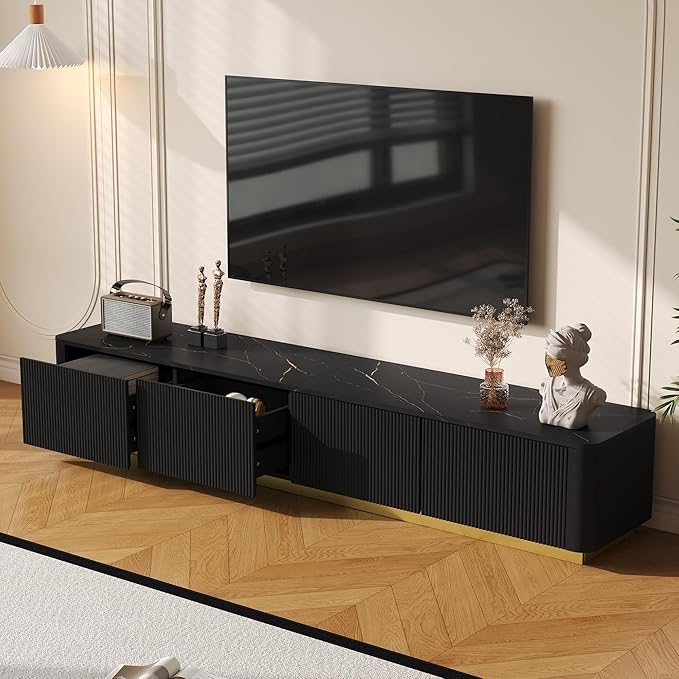Merax Modern Wood TV Stand for TVs Up to 85'', Faux Marble Tabletop Entertainment Center with Storage Drawers, Practical Media Console for Living Room, Bedroom, Black