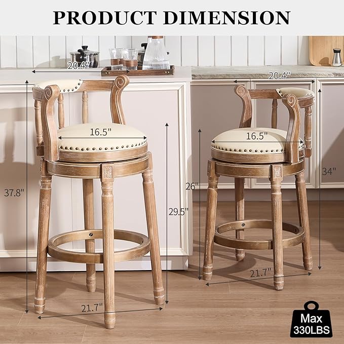CozyRain Bar Stools Modern Swivel Barstools,Kitchen Counter Genuine Leather Upholstered Vintage Barstool for Home Kitchen Dining Room (Beige, Seat Height 26 in)