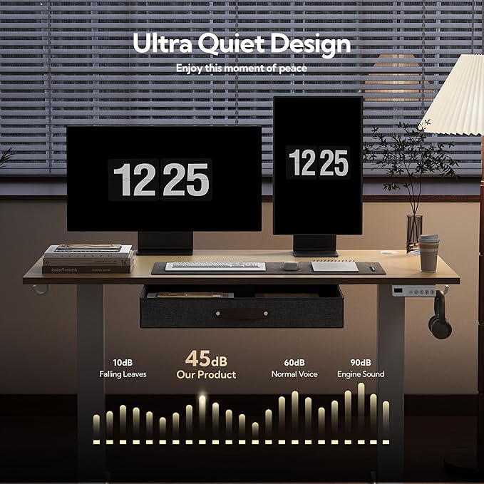 Seang Standing Desk with Drawer, 40" x 24" Height Adjustable Stand Up Desk, 3 Memory Height Settings with Cable Grommets & Storage Hooks, Ideal for Home & Office, Nature