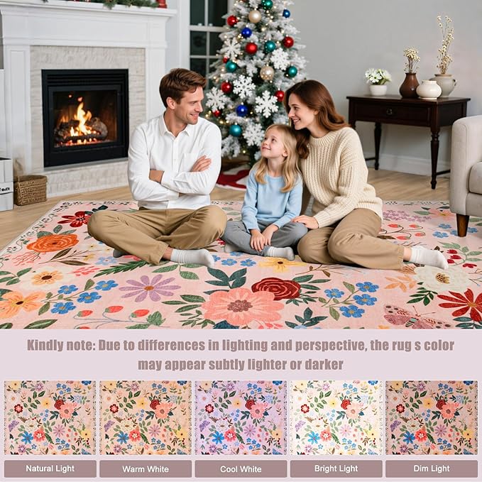 Area Rug Living Room Rugs: Floral 4x6 Washable Rug Vintage Soft Boho Non-Slip Carpet Indoor Floor Stain Resistant Large Carpets for Bedroom Dining Room Farmhouse Nursery Hallway Home Office Beige