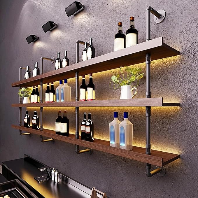 70.8in Large Wine Rack with LED Light Solid Wood Wall Mounted Wine Rack, 3-Tiers Liquor Bottles Floating Shelves Display Storage Organizer for Home Bar & Dining Room (180cm/70.8in)