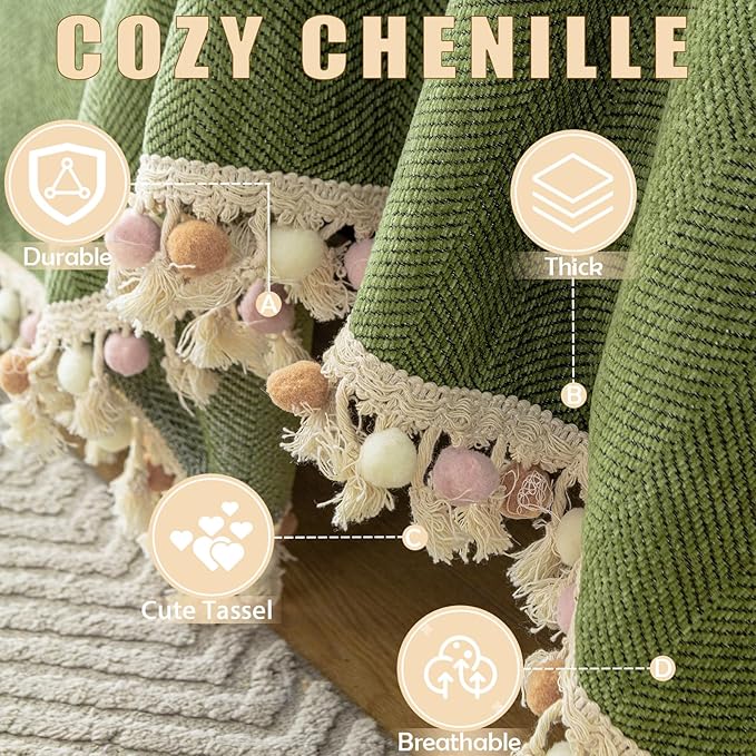 HANDONTIME Green Sofa Cover Vintage Couch Cover for Dogs 91" X150" Couch Cushion Covers with Tassel Herringbone Sofa Cover Boho Sofa Covers for 3 Cushion Couch Chenille Soft Loveseat Sofa Covers