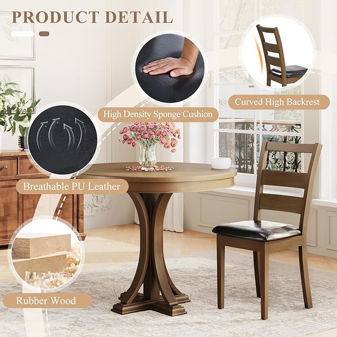 COLAMY Upholstered Dining Chairs Set of 4, PU Leather Ladder High Back Dining Room Kitchen Side Chair with Adjustable Foot Pegs, Dark Brown