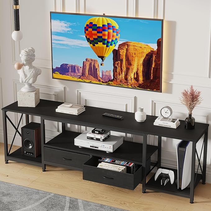 TV Stand with Fabric Drawers for 65 70 75 Inches TV - Entertainment Center and Industrial TV Console Table with Open Storage Shelves for Living Room, Bedroom - 63.5" Black