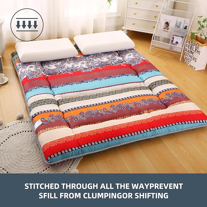 Bohemian Retro Japanese Floor Mattress, Vintage Floral Tatami Floor Mat, Portable Roll up Futon Mattress for Guest,Tavel (B,Twin 80" x 36")