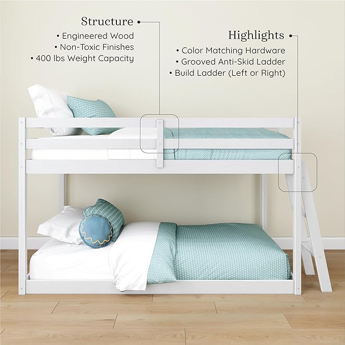 Grain & Grove Bear Twin Over Twin Bunk Bed, Low Bunk Bed Frame for Kids, Bunk with Ladder, Guardrail, and Slats, No Box Spring Required, Brushed White