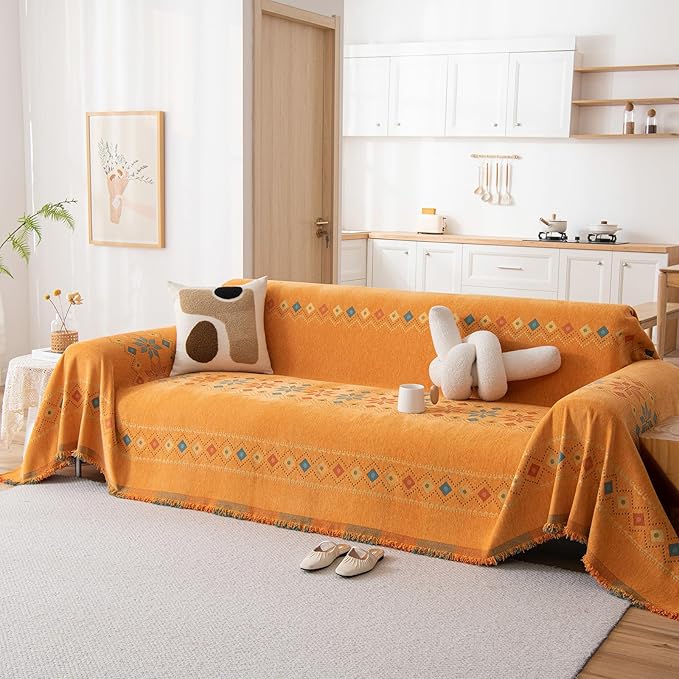 STACYPIK Orange Jacquard Sofa Cover for Sectional, Boho Couch Cover for Loveseat, Non Slip & Stain-Resistant Furniture Protector for 3 Cushion Couch, Reversible Couch Slipcover for Dogs-71X150IN