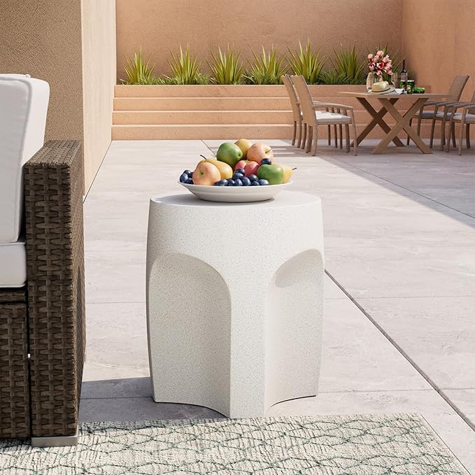 COSIEST Concrete Side Table Drum Shape,17''H Outdoor Side Table, Patio Accent Table Cement End Tables, Garden Decorative Stool, Plant Stand Drum Table, Spotted White