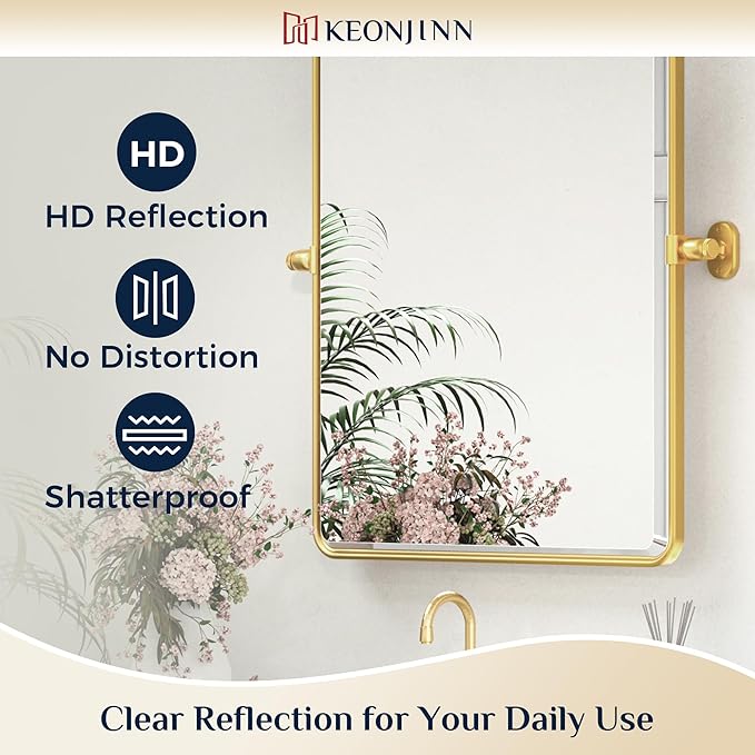 Keonjinn Large Pivot Mirror Bathroom, 40 x 30 Inch Beveled Tilt Mirror Bathroom, Gold Metal Framed Mirrors with Rounded Corner, Modern Rectangle Vanity Mirrors for Wall (Horizontal/Vertical)