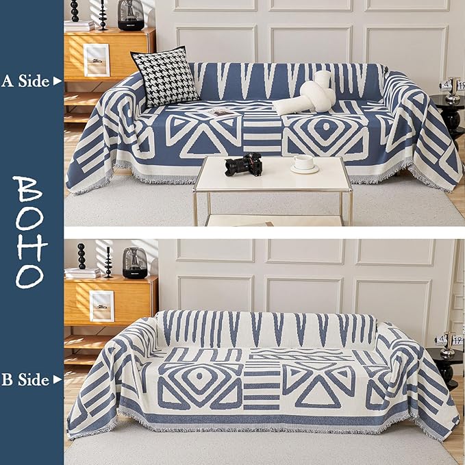 HANDONTIME Boho Couch Covers for Sofa Chenille Sofa Covers Washable Sectional Sofa Cover Blanket Geometric Reversible Couch Cover for L Shaped Couch Couch Protector for Dogs, 91" X134", Denim Blue