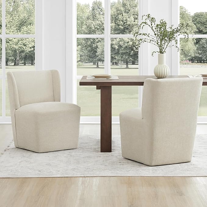 Upholstered Dining Chair with Casters Wingback Modern Side Armless Deskchair with Rollers for Diningroom Bedroom Livingroom Reading Room,Cream Beige,1 Box