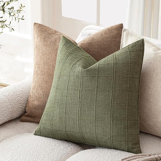 Foindtower Set of 2 Decorative Linen Check Throw Pillow Covers Neutral Farmhouse Vintage Cushion Covers Modern Boho Home Decor for Sofa Chair Couch Bedroom Living Room Outdoor,16×16 Inch,Sage Green