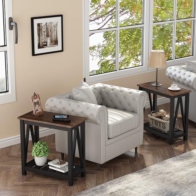 ChooChoo Farmhouse End Table, Rustic Vintage Narrow End Side Table with Storage Shelf for Small Spaces, Nightstand Sofa Table for Living Room, Bedroom Black