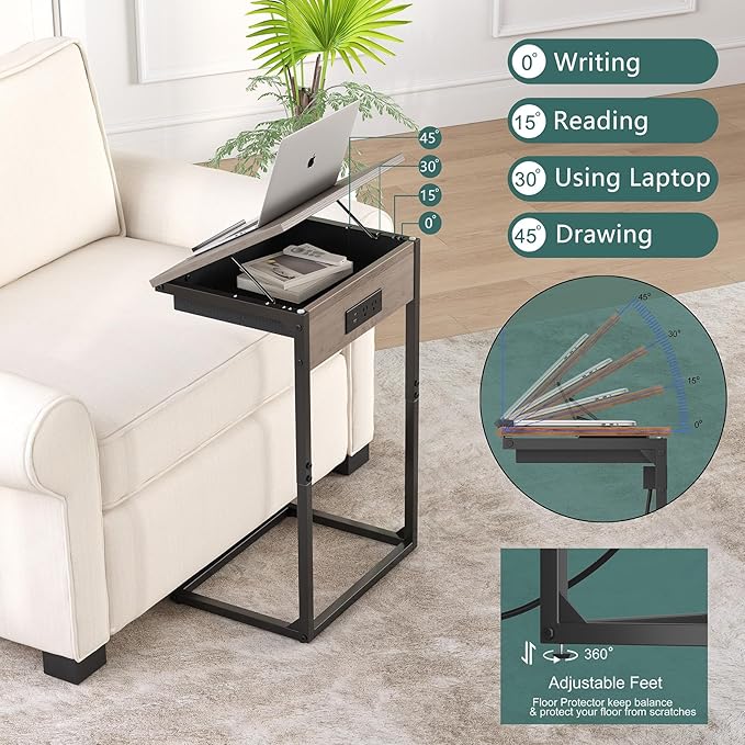 C Shaped End Tables with Charging Station, 45° Tiltable Adjustable Flip Top Side Table with Storage,Small C Table for Small Spaces,Slide Under Couch Sofa Bedside Tables for Living Room, Grey