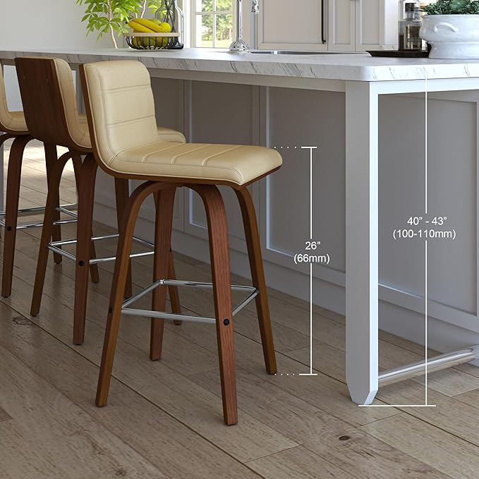 Armen Living Vienna 26" Swivel Counter Stool in Walnut Wood Finish with Cream Faux Leather - Set of 3