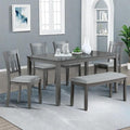 6-Piece Dining Table Set for 4-6 People, Kitchen Set with 4 Upholstered Chairs and One Bench, Living Room Chairs with Slatted Backrest, Rectangular Wooden Table for Home Bar and Kitchen, Gray