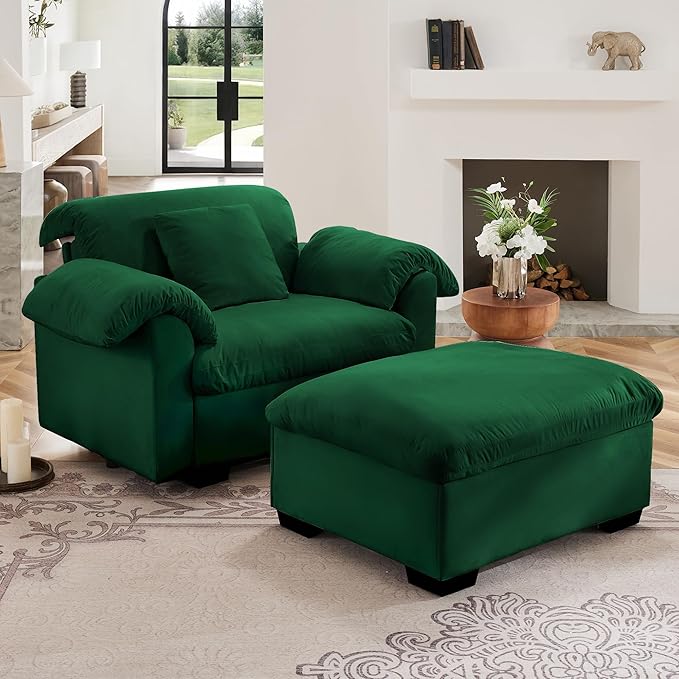 ERYE 48.4" Accent Sofa Chair with Ottoman and Pillow Armrests, Velvet Upholstery Storage Armchair with Removable Cushions and Storage Seat
