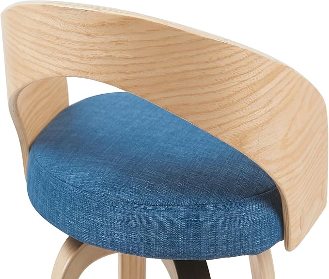 Sonia Modern Swivel Bar Height Stool with Blue Upholstered Seat and Patterned Oak Wood Finish Set of 2