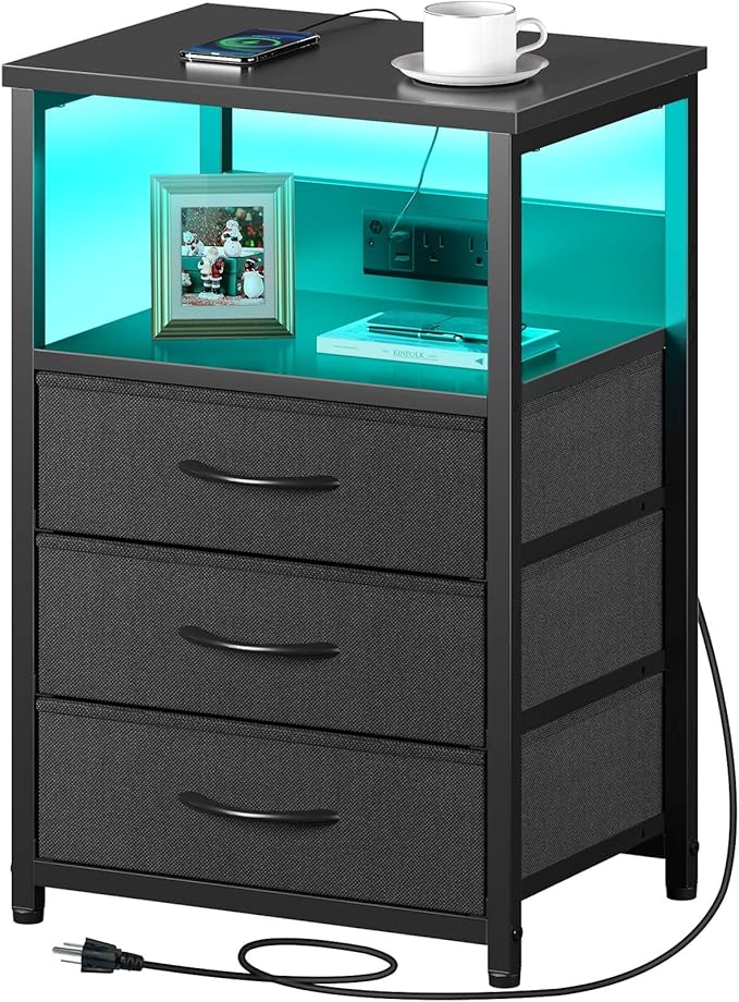 Seventable Nightstand with Charging Station and LED Light, Set of 2 Side Table with 3 Fabric Drawers, Bedside End Table with USB Ports and Outlets, Night Stand for Bedroom, Black