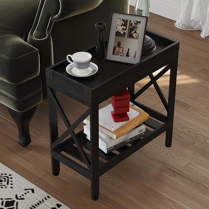 Narrow Side Table, Slim End Table with Charging Station for Small Spaces, with 2 USB and 2 Power Outlets, 21.7" L x 10" W x 21.7" H