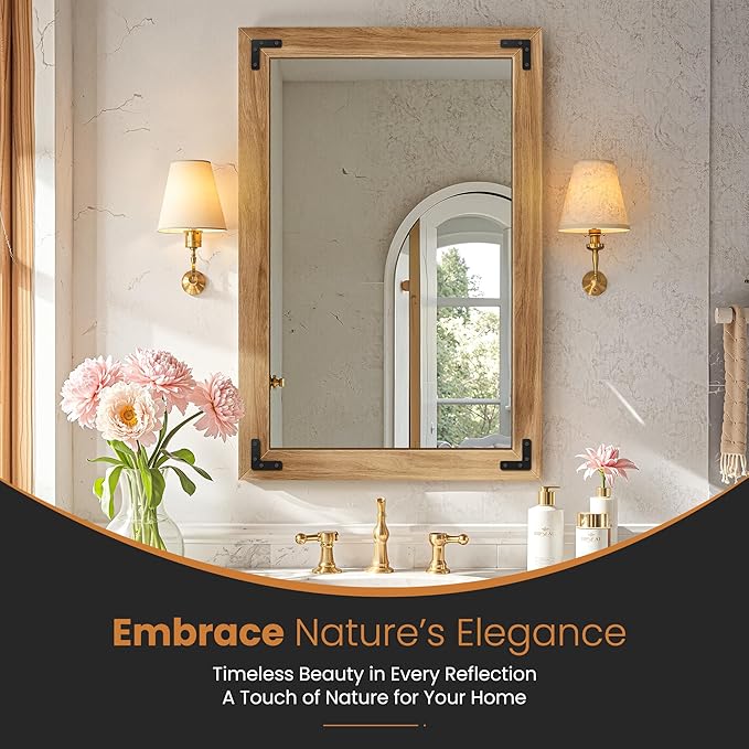 Bathroom Mirror for Wall with Wooden Frame, 36"x24" Solid Wood Vanity Mirror for Farmhouse, Bathroom, Bedroom Decor, Vertical or Horizontal Hanging