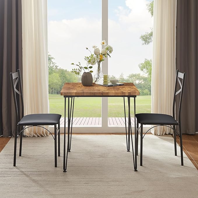 VECELO 3-Piece Dining Room Kitchen Table and Pu Cushion Chair Sets for Small Space, 2, Classic Brown,Dining Set for 2