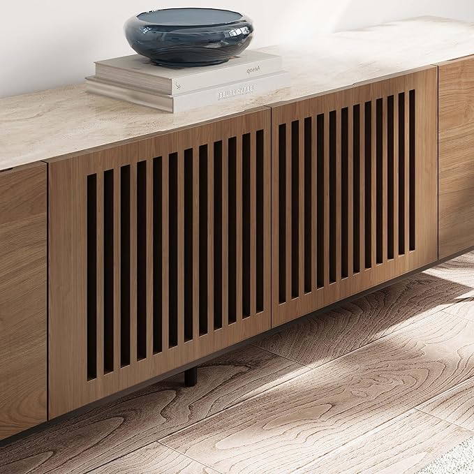 POVISON Mid Century Modern Sintered Stone TV Stand, Slatted Media Console TV Cabinet with Tall-cast Metal Legs, Fluted Entertainment Center with Storage, Fully-Assembled (Walnut, 94.49")