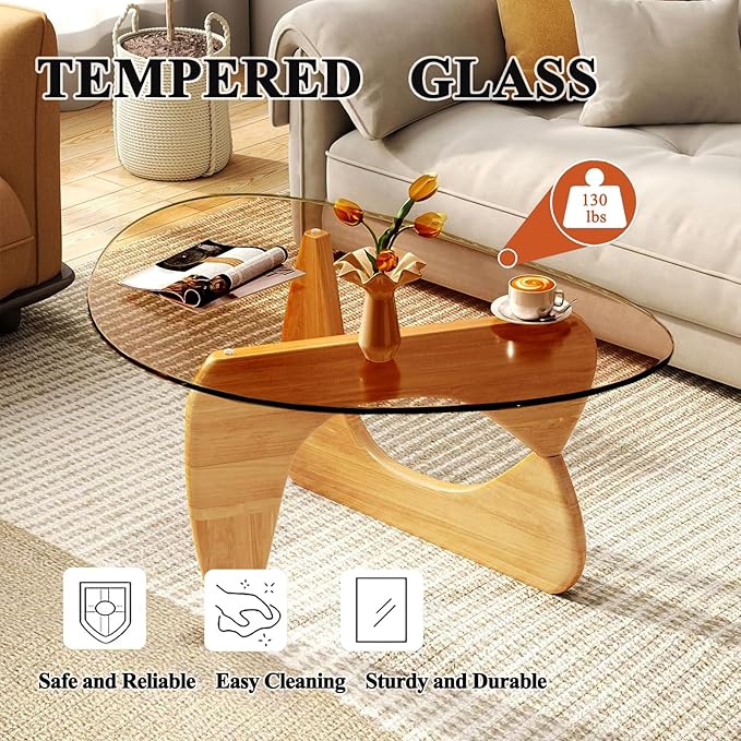 Modern Glass Coffee Table for Living Room Mid Century Small Coffee Table Stylish Coffee Tables, Suitable for Bedroom Living Room Reception Office Tables（Wood/Brown，Medium）