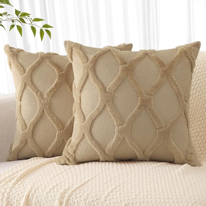 decorUhome Throw Pillow Covers 24x24 Inch Set of 2, Soft Plush Faux Fur Wool Khaki Couch Pillow Covers, Decorative Neutral Pillow Cases for Bed Sofa Living Room Home Decor