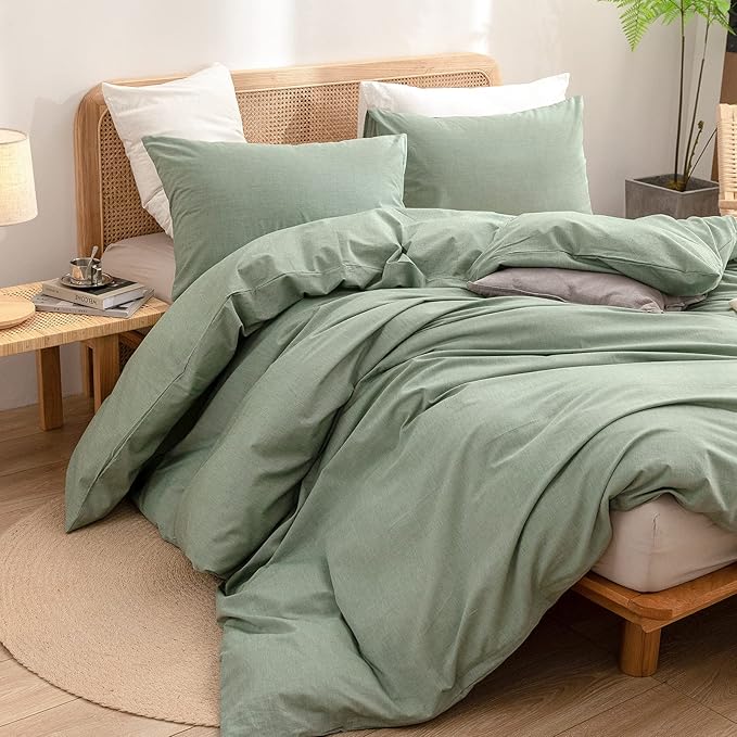 BESTOUCH Duvet Cover Set 100% Washed Cotton Linen Feel Super Soft Comfortable Chic Lightweight 3 PCs Home Bedding Set Solid Green Full/Double