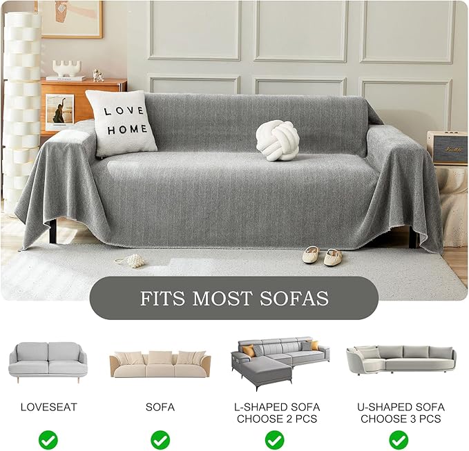 STACYPIK Chenille Sofa Cover for Dogs, Washable Dark Gray Couch Cover for Pets, Non Slip Couch Covers for L Shape, Furniture Protector for 3 Cushion Couch with Tassels,Sofa Throw Blankets-71X150IN
