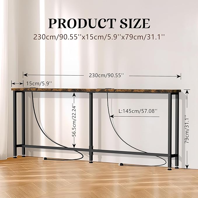 GRLEAF 90" Sofa Table with Built-in Power Strip (4 AC Outlets & 4 USB Ports) – 4.9ft Power Cord, Metal Frame, Easy Assembly, Long Couch Table Behind Sofa, Living Room and Home Office | Rustic Brown