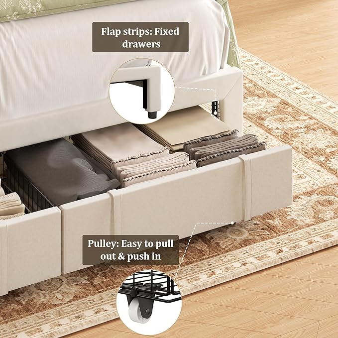 King Bed Frame with Storage Drawers, Upholstered Platform Bed with Headboard and Wingboard, No Box Spring Needed, NO Noise, Easy Assembly, Wooden Support Slats, Beige