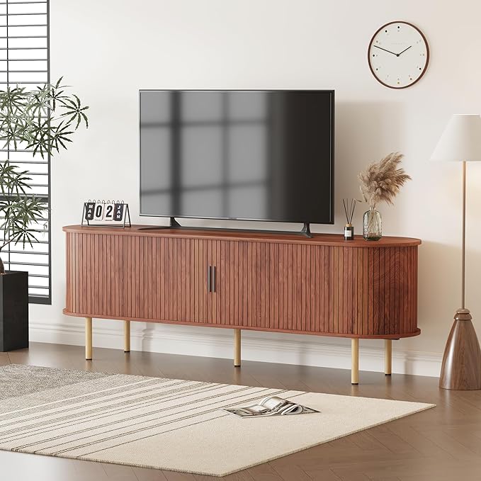 GarveeHome 70.1" TV Stand, Modern TV Console Table with Storage Compartment and Sliding Door, Gaming Entertainment Center with Cabinet for Living Room, Bedroom, Office, Walnut