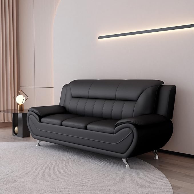Container Furniture Direct Michael Modern Faux Leather Upholstered Stainless Steel Legs Living Room Sofa, Chair, Midnight Black