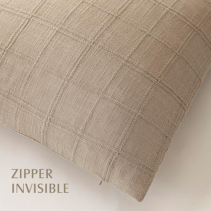 Foindtower Set of 2 Decorative Linen Check Throw Pillow Covers Neutral Farmhouse Vintage Cushion Covers Modern Coastal Boho Home Decor For Sofa Chair Couch Bedroom Living Room Outdoor,18×18 Inch,Camel