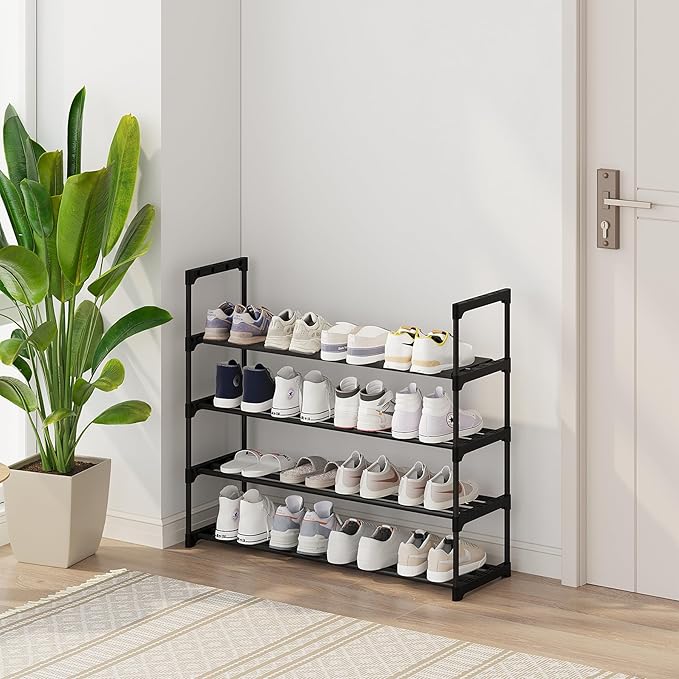 Calmootey 4-Tier Shoe Rack, Tall Large Capacity 20 Pairs Shoes Storage Organizer, Stackable Wide Shoe Shelf for Entryway, Hallway, Black