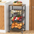 Kitchen Storage Cart with Wheels, 4-Tier Metal Utility Rolling Cart Fruit Vegetable Storage Basket Pantry Rack with Wood Top & Pull Out Baskets for Kitchen, Livingroom, Diningroom, Office