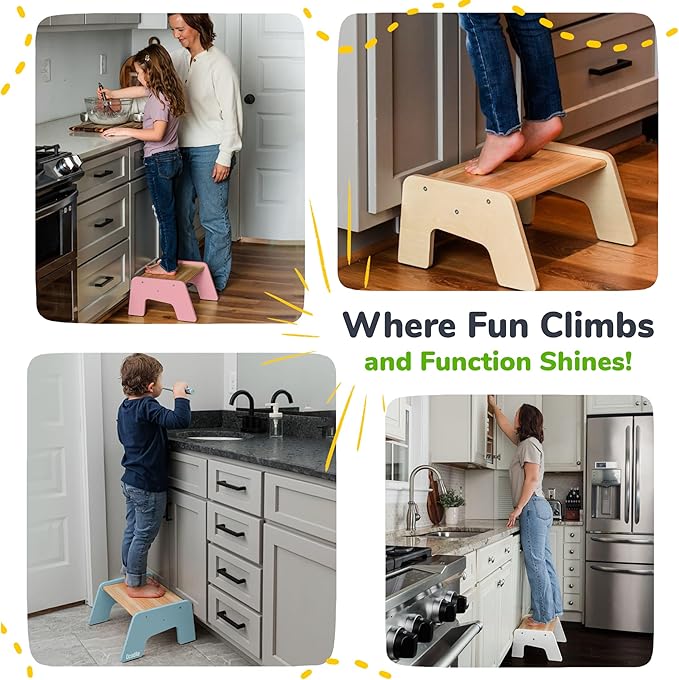 1-Step Wooden Step Stool for Toddlers | Kids Step Stool for Bathroom Sink, Kitchen, and Potty Training | Non-Slip Stool for Toilet Independence | Wooden Step for Children Ages 2+ Varnished