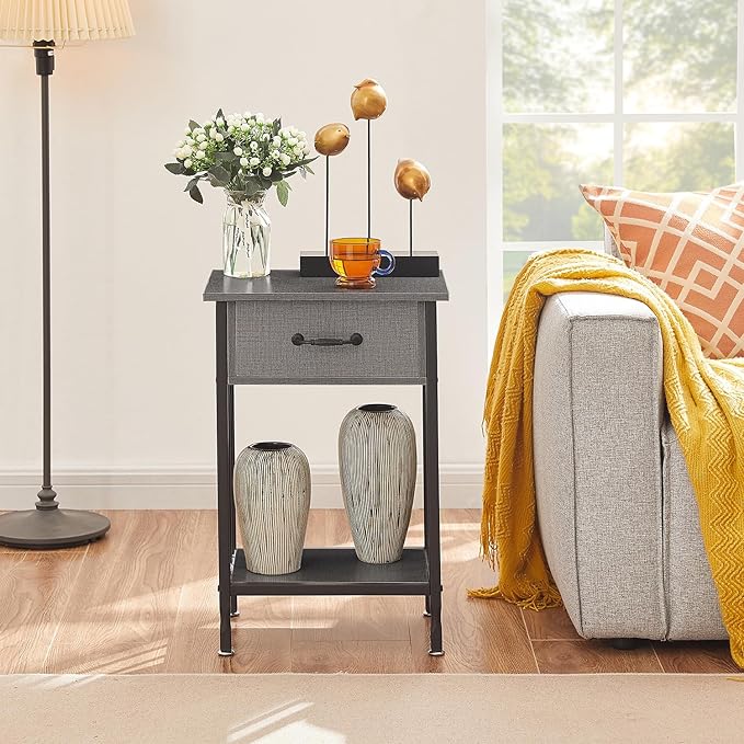 VECELO Nightstands Set of 2, Industrial Side Table/End Tables with Drawer and Storage Shelf, Night Stands for Bedroom, Living Room, Wood Metal Furniture, Easy Assembly