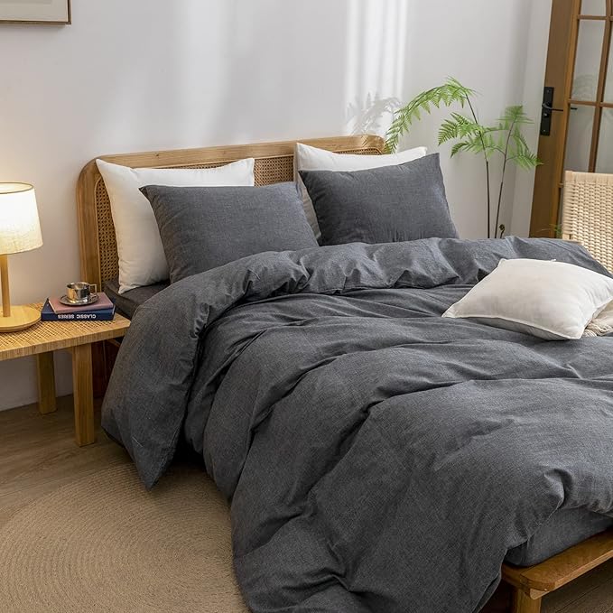 BESTOUCH Duvet Cover Set 100% Washed Cotton Linen Feel Super Soft Comfortable Chic Lightweight 3 PCs Home Bedding Set Solid Dark Black Full/Double