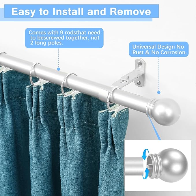 Curtain Rods for Windows 16 to 136 Inches, Curtain Rod Max Adjustable Length of 144 IN, 1" Diameter Drapery Rods Round Finials, Satin Silver, Pack of 1