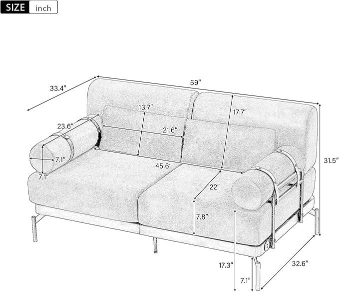 Modern Loveseat Sofa 59" Sofa Couch 2-Seater Sofa with Flexible USB Ports, Unique Cylindrical Armrests for Living Room, Red