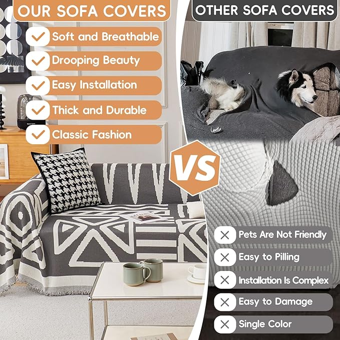 STACYPIK Boho Geometric Dark Grey Chenille Sofa Cover for Dogs - Washable Armchair Slipcover for Living Room, Sectional, 2 Cushion Couch - Jacquard Decor 71x102IN