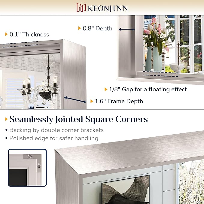 Keonjinn 16 x 24 in Brushed Nickel Bathroom Mirror, Rectangular Metal Framed Vanity Mirror for Wall Square Corner Aluminum Alloy Modern Rectangle Mirror(Horizontal/Vertical)
